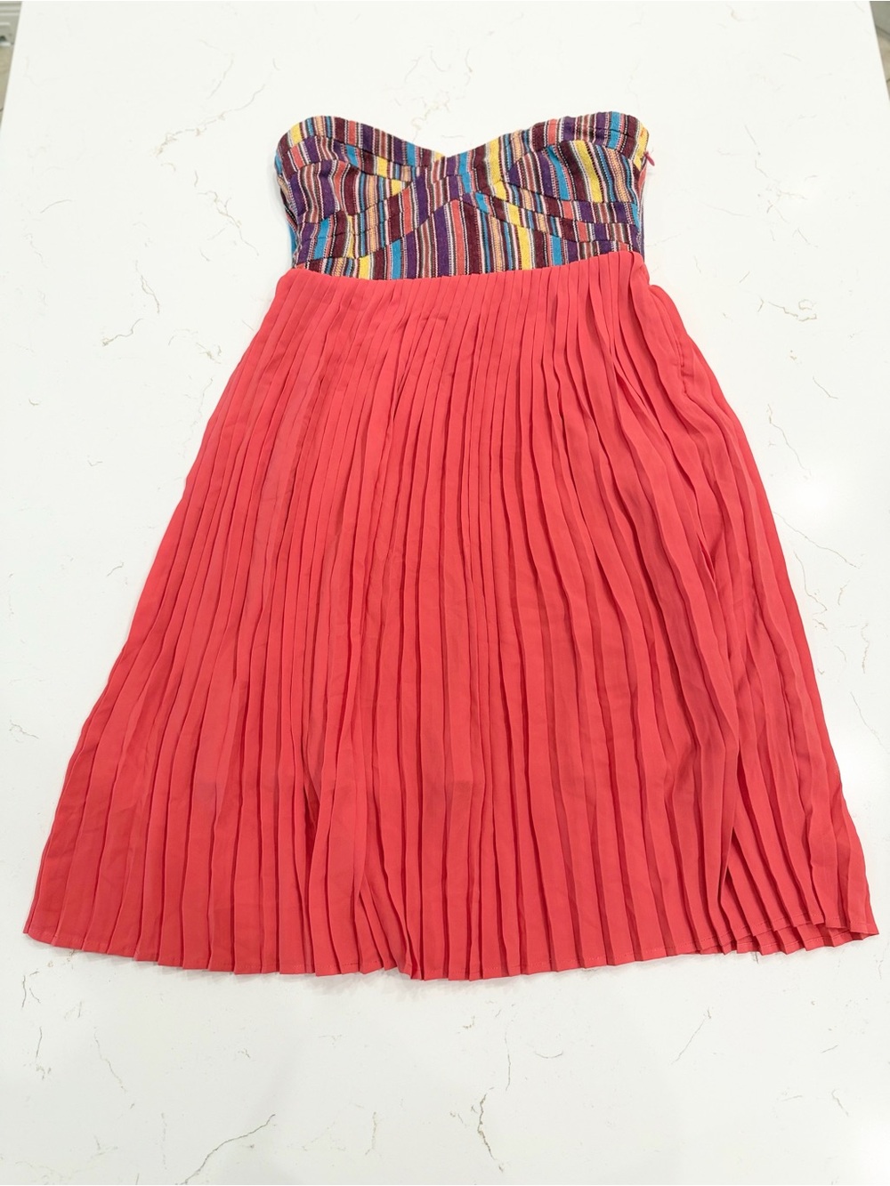 Sabine Coral Pleated Dress with Multicolor Striped Bust Boho Coastal Cowgirl